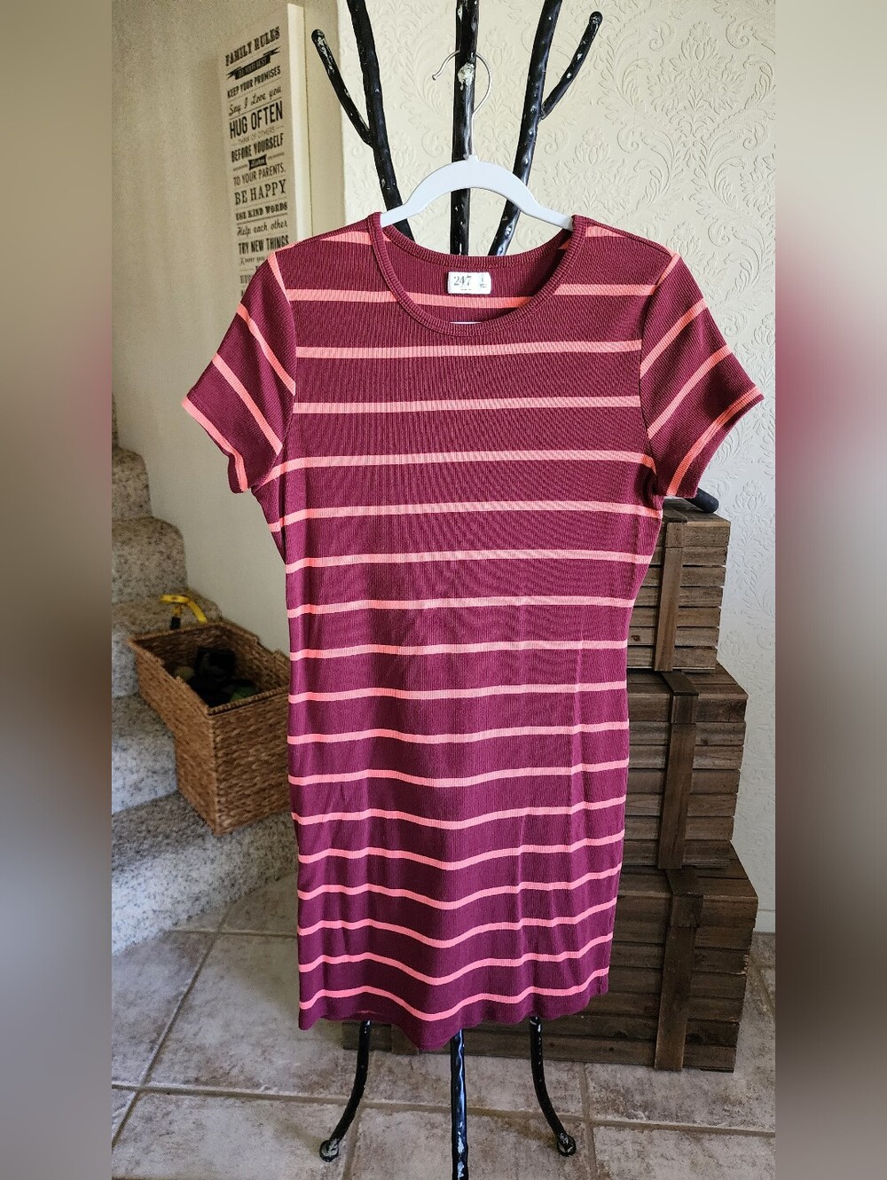 Maurices Striped Short Sleeve Knit Dress - Burgundy & Pink
